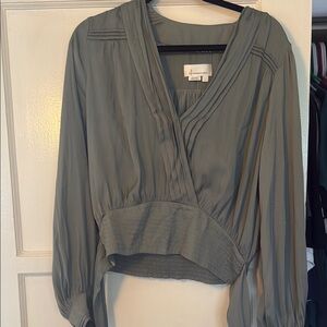 Anthropologie Green Wrap Blouse with Pleated Sleeves